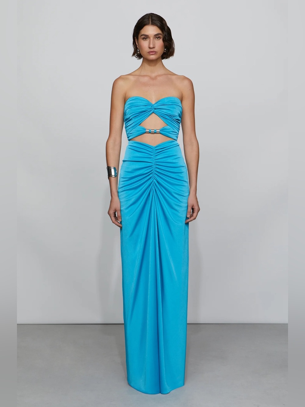 Et Ochs Corinne Strapless Ruched Cutout Maxi Dress in Bright Turquoise